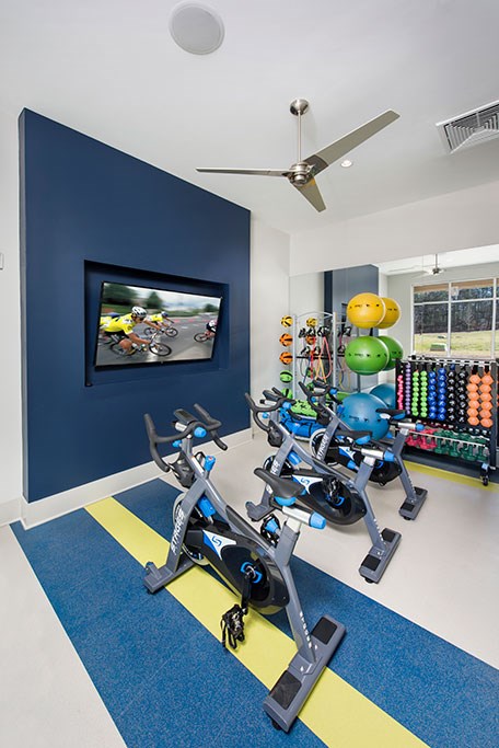 the gym at the condo has a slew of exercise equipment and a television