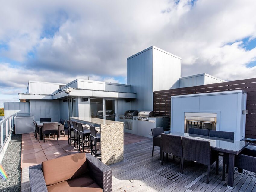 Fireplace and lounge seating on Rooftop Terrace