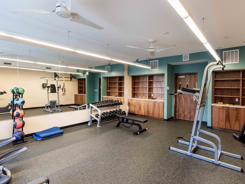 Fitness Center with Free Weights, Bench and leg lift bar.