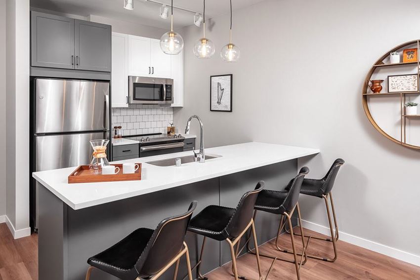Interior Modern kitchen with granite countertops at The Harper