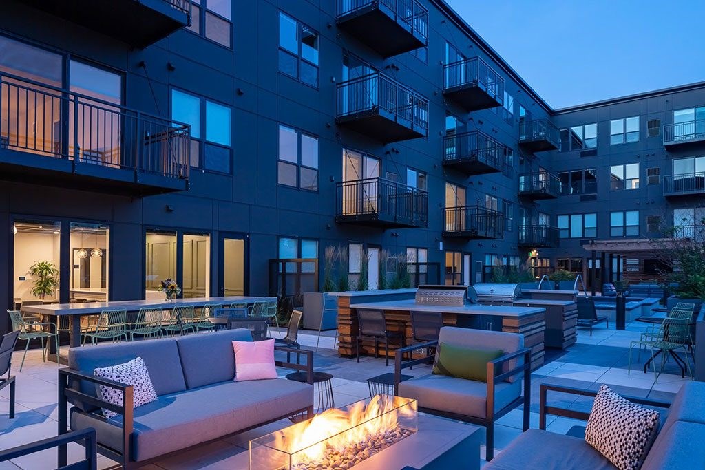 Exterior at night  at Harper Apartments in St Paul, MN