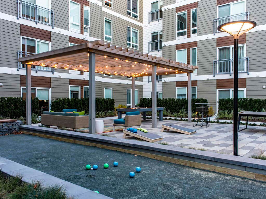 Outdoor lounge with soft seating and outdoor games