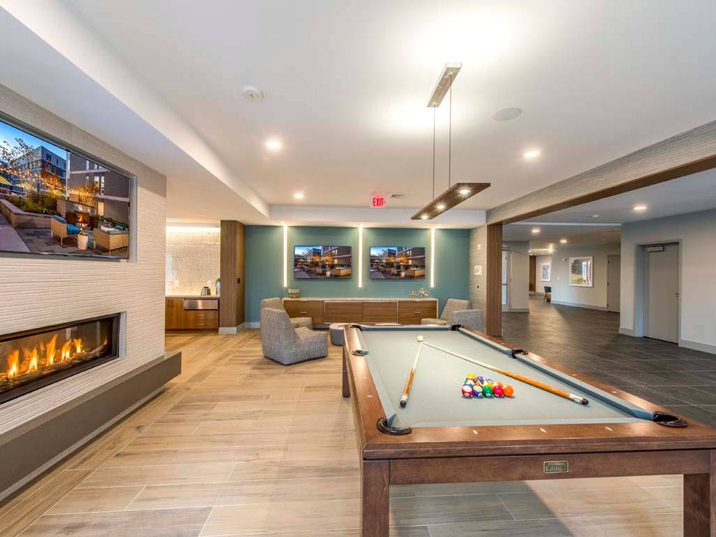 Amenity space with pool table, fireplace and soft seating