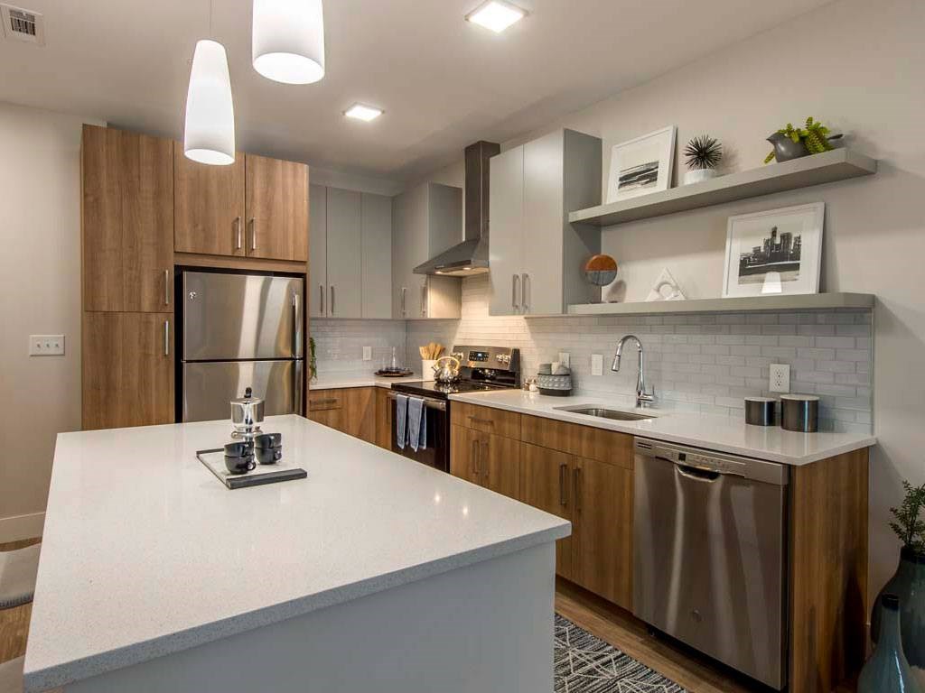 Kitchen with stainless steel appliances, large island and ample cabinet space