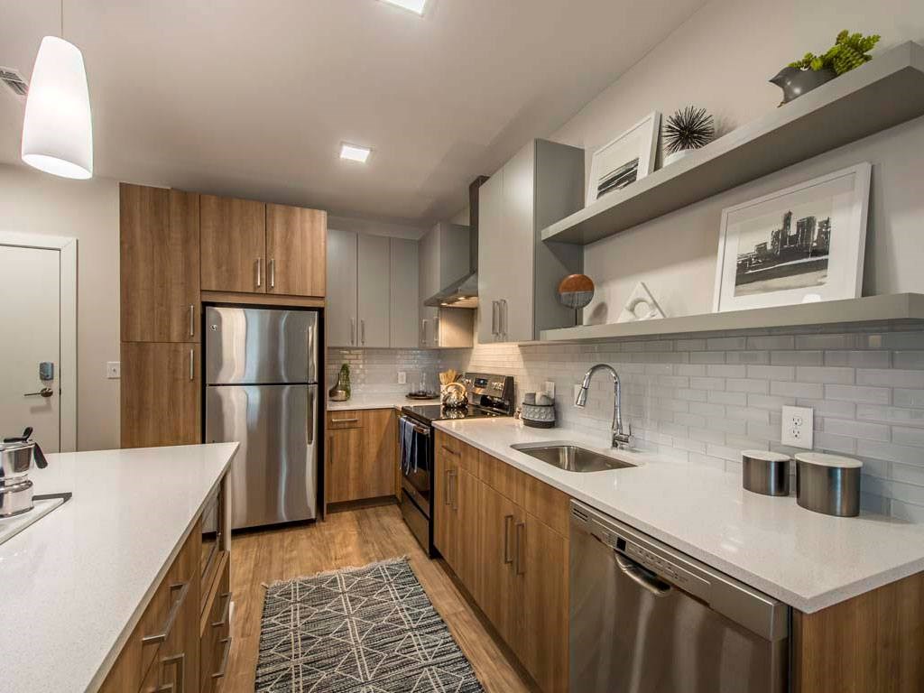 Kitchen with stainless steel appliances, large island and ample cabinet space