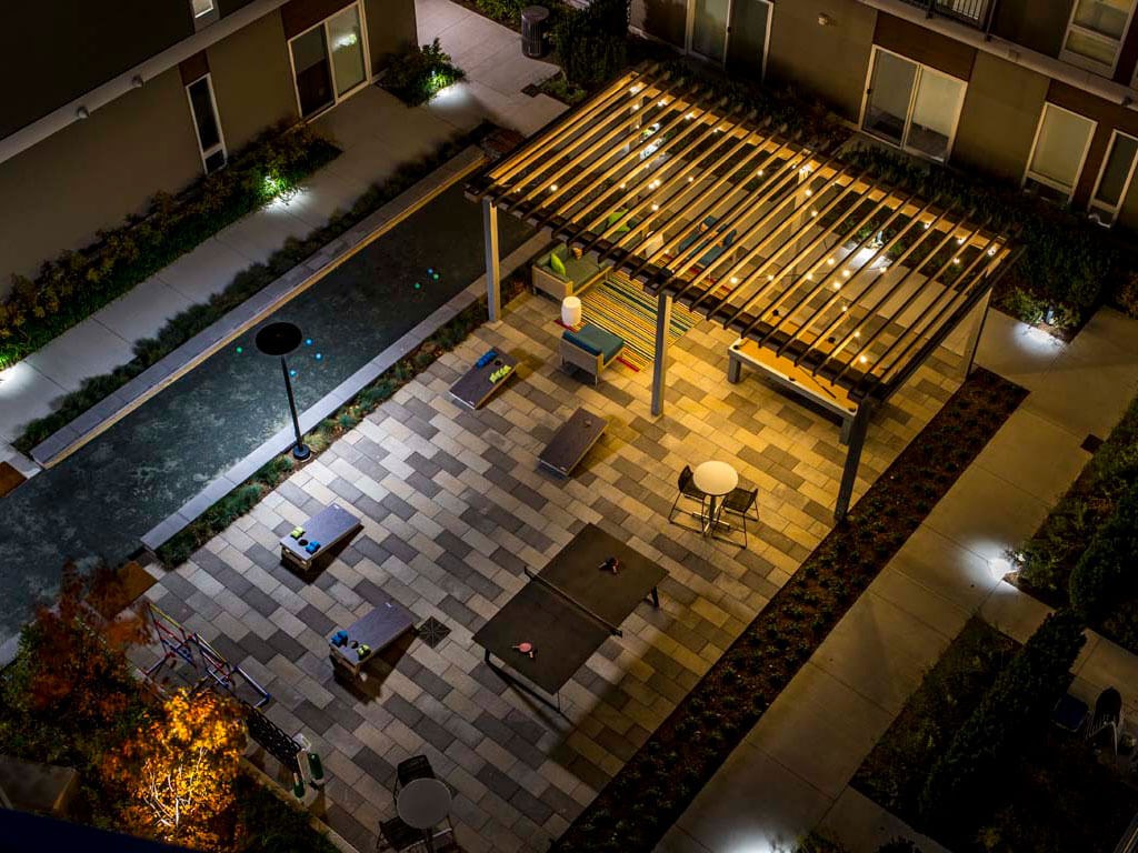 Aerial view of outdoor lounge with outdoor games