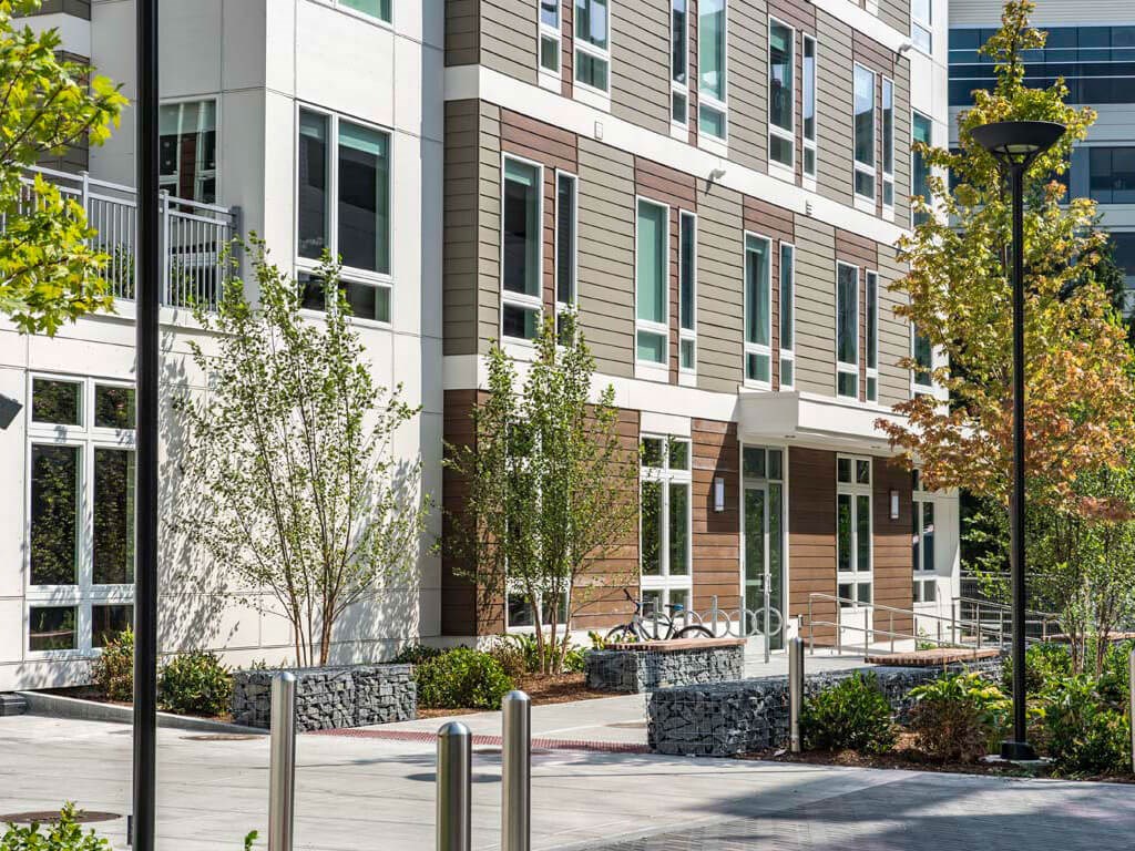 Exterior view of building with landscaping