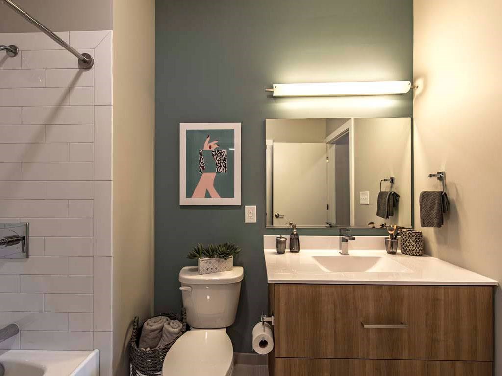 Bathroom with vanity, toilet and large vanity mirror with light over it