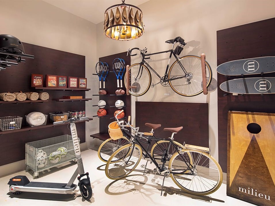 a display of bikes and helmets in a store