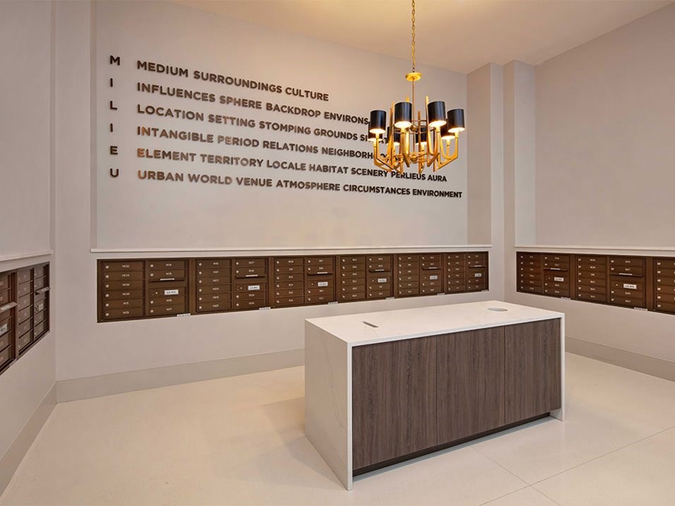 a large room with many cabinets and a table