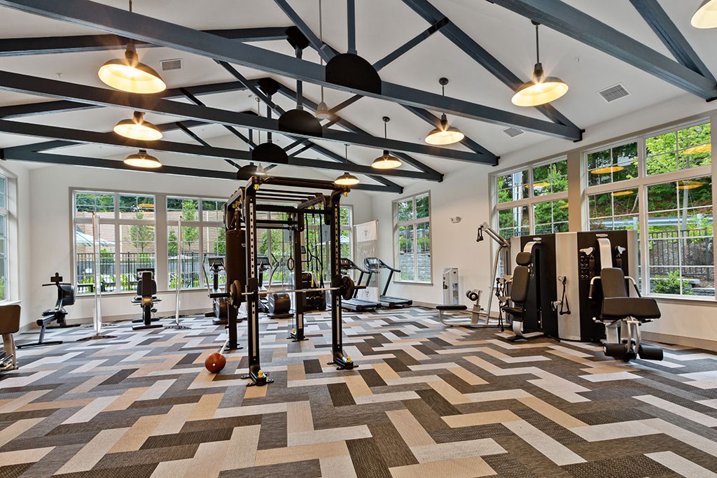Fitness center with geometric flooring and weight systems