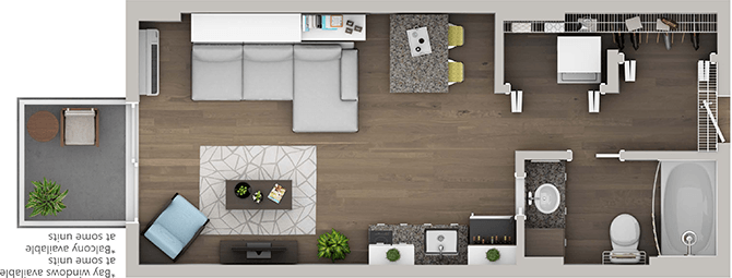 a top down view of a 1 bedroom apartment with a bathroom and living room