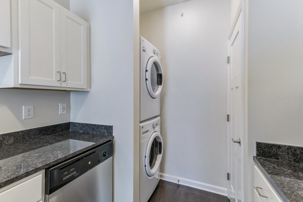 Ashland Farms In-Unit Stacked Washer and Dryer Next to Kitchen