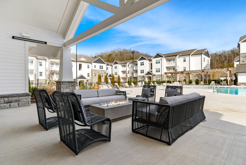 Ashland Farms Outdoor Fireside Lounge Next to Pool with Cozy, Modern Seating