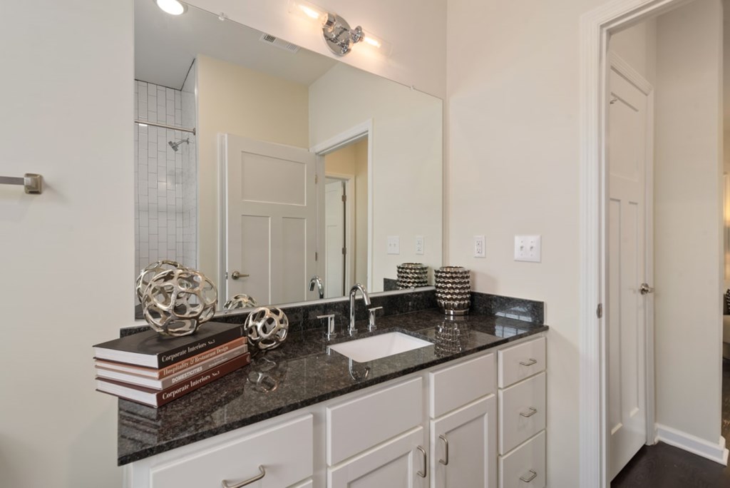 Ashland Farms Bathroom Vanity with Spacious Granite Counters, Large Mirror, and Modern Light Fixtures