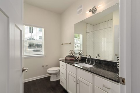 Ashland City, TN Apartments - Ashland Farms - Spacious Bathroom with Wood-Style Flooring, Window, Large Vanity Mirror, Granite Countertop, Sink with Modern Fixtures, and Shower with Tile Backsplash