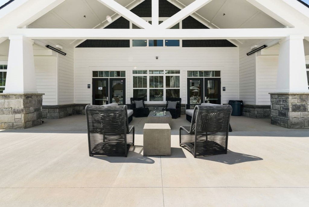 Ashland Farms Outdoor Fireside Lounge Next to Resident Clubhouse with Cozy, Modern Seating