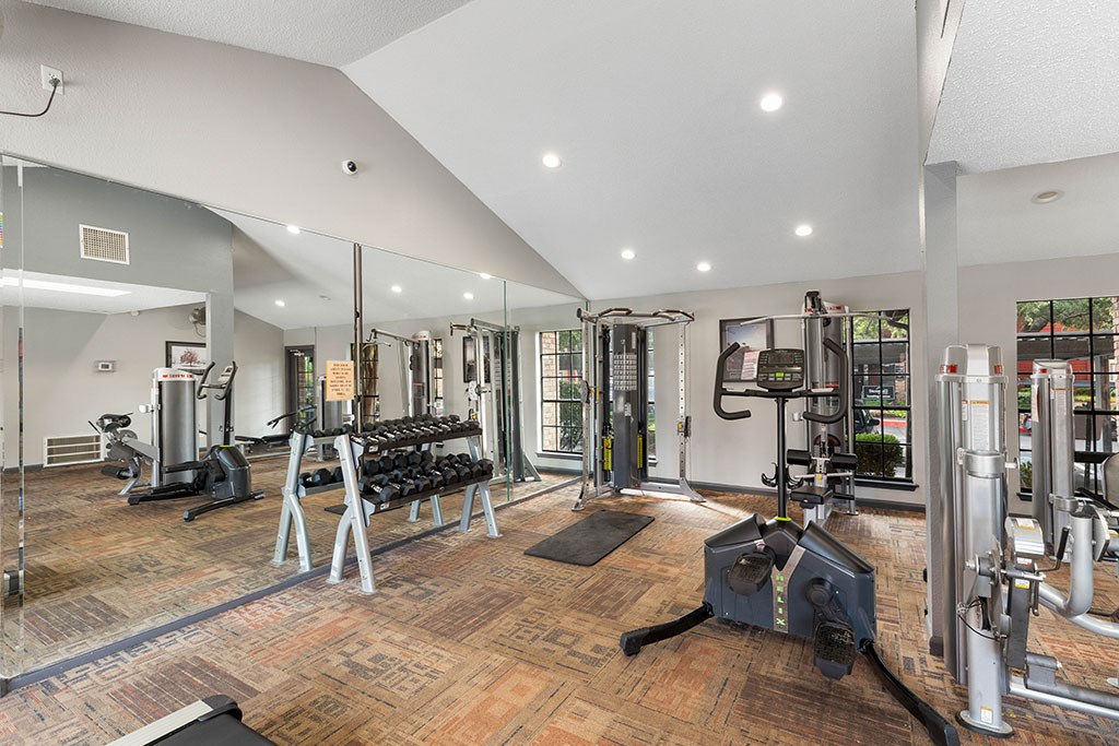 a home gym with weights and cardio equipment and a large window