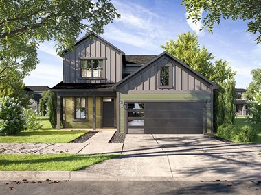 a home with a gray garage door and a green lawn