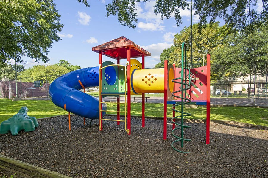 a playground with a blue and yellow slide