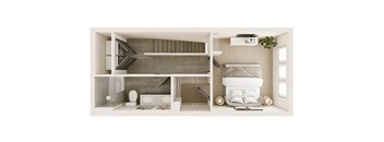 a bedroom with a bed and a mirror