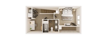 a bedroom with a bed and a desk in a room