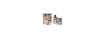 two images of a house on a green background