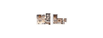 a rendering of two images of a house and a green background