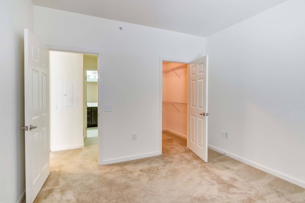 a bedroom with a closet and an open door to a closet