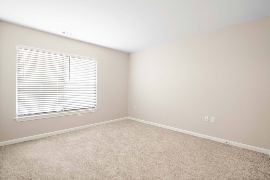 an empty room with a window and carpet