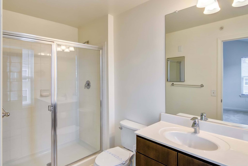 a bathroom with a shower and a sink and a mirror