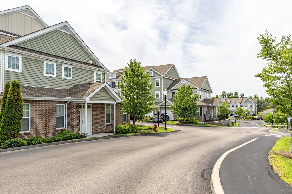 the street in front of a row of houses with a road