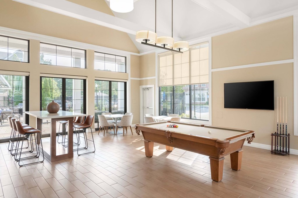 a game room with a pool table and a tv