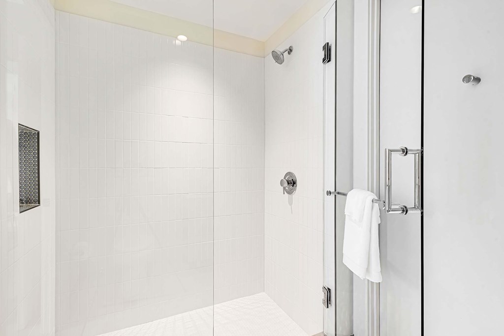 a bathroom with a shower and a toilet