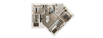 a stylized floor plan of a bedroom with a living room