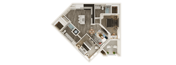 a 3d rendering of a bedroom with a floor plan