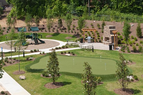 a view of the golf course from the top of the pavilion