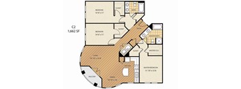 a floor plan of a residence with bedrooms and a living room