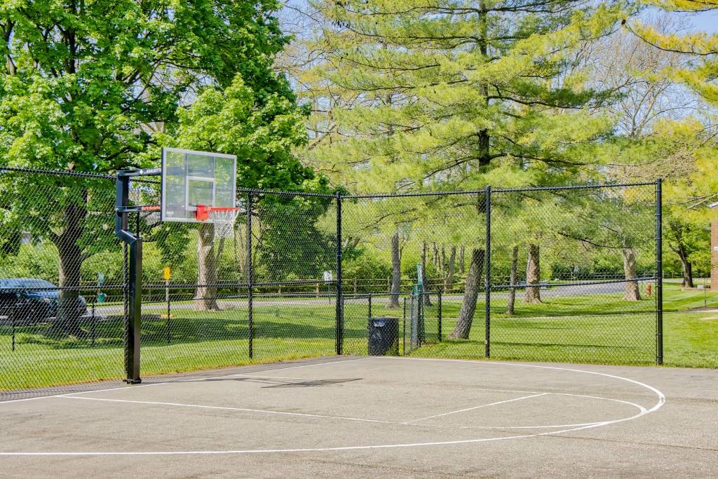 a basketball court in a park with trees