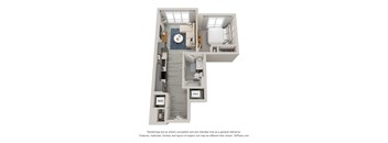 a stylized floor plan with a bedroom and a living room