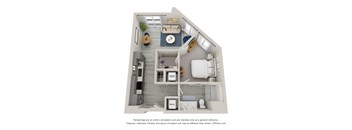 a rendering of a 1 bedroom floor plan with a bathroom and a balcony