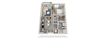 a stylized view of a 1 bedroom floor plan with a bathroom and living room