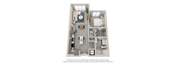 a stylized floor plan with a bedroom and a living room