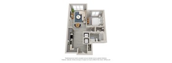 a stylized floor plan with a bedroom and a living room