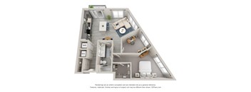 a stylized floor plan with a bedroom and a living room