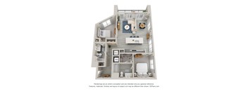 a stylized floor plan of a 1 bedroom apartment with a bathroom and a balcony