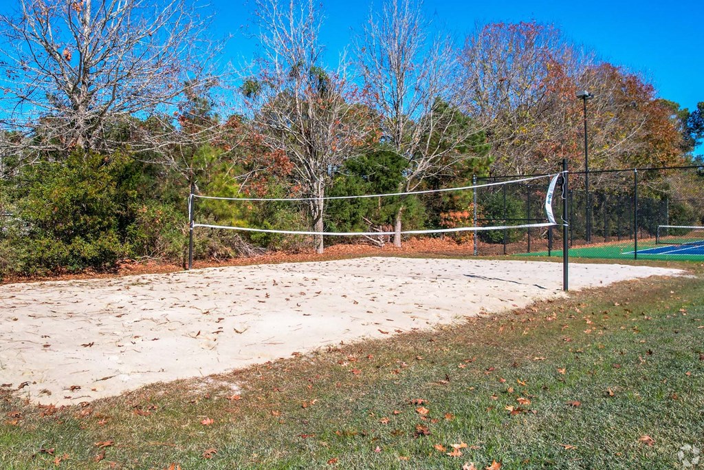 a sand volleyball court in a park with trees