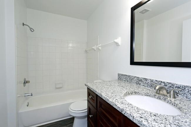 a bathroom with a sink and a bath tub and a mirror