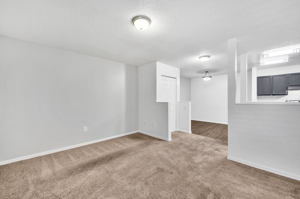 an empty living room and kitchen with white walls and carpet