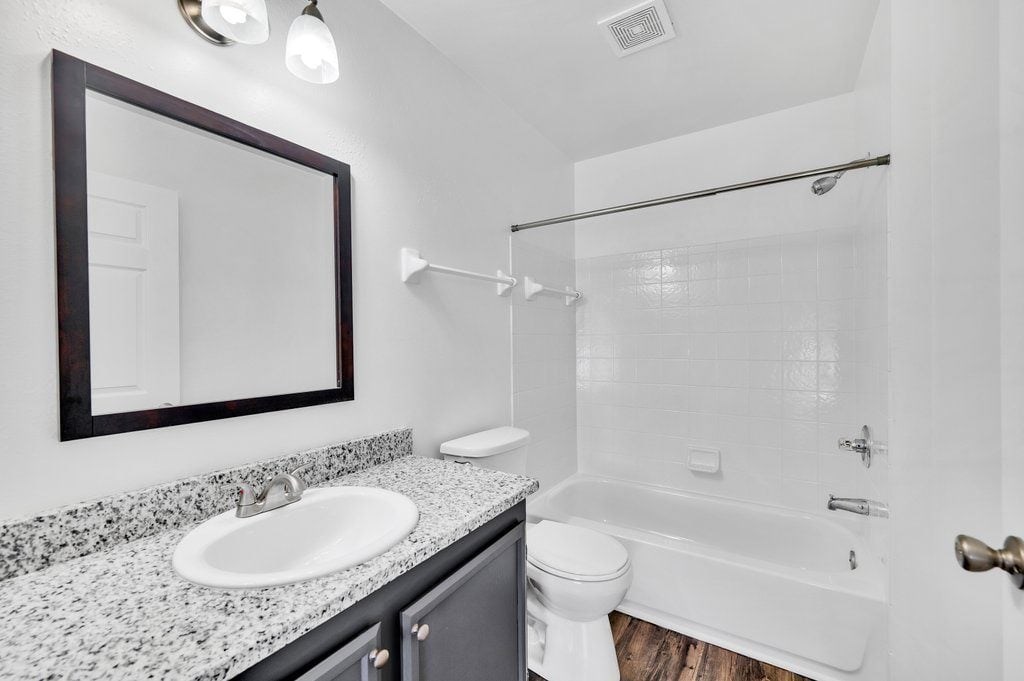 a bathroom with a sink and a shower and a toilet